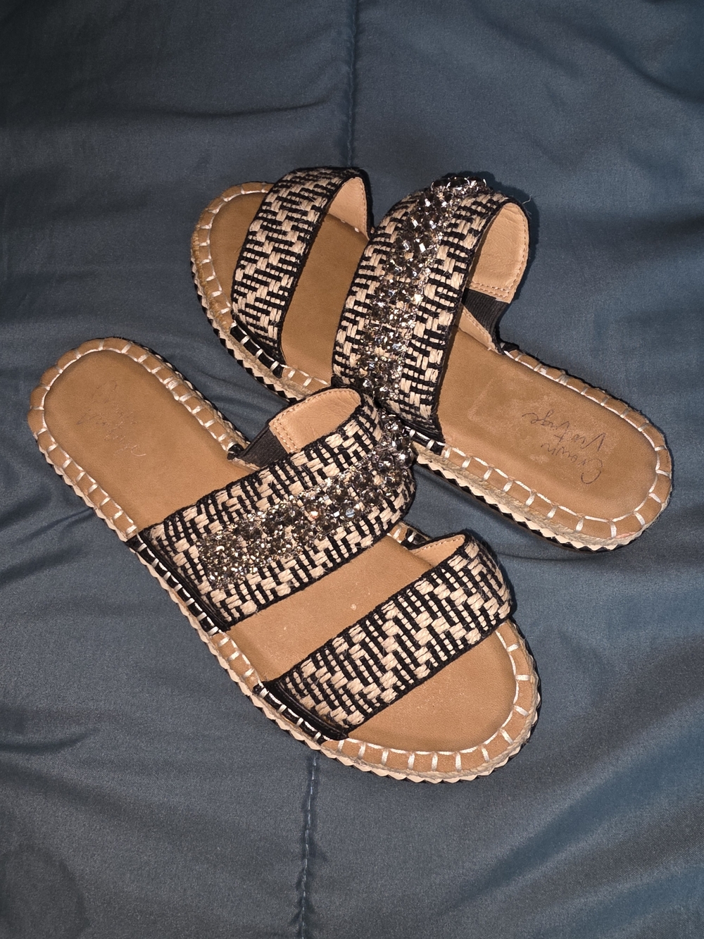 Crown Vintage Black and Tan Woven Slide Sandals with Sparkle Straps